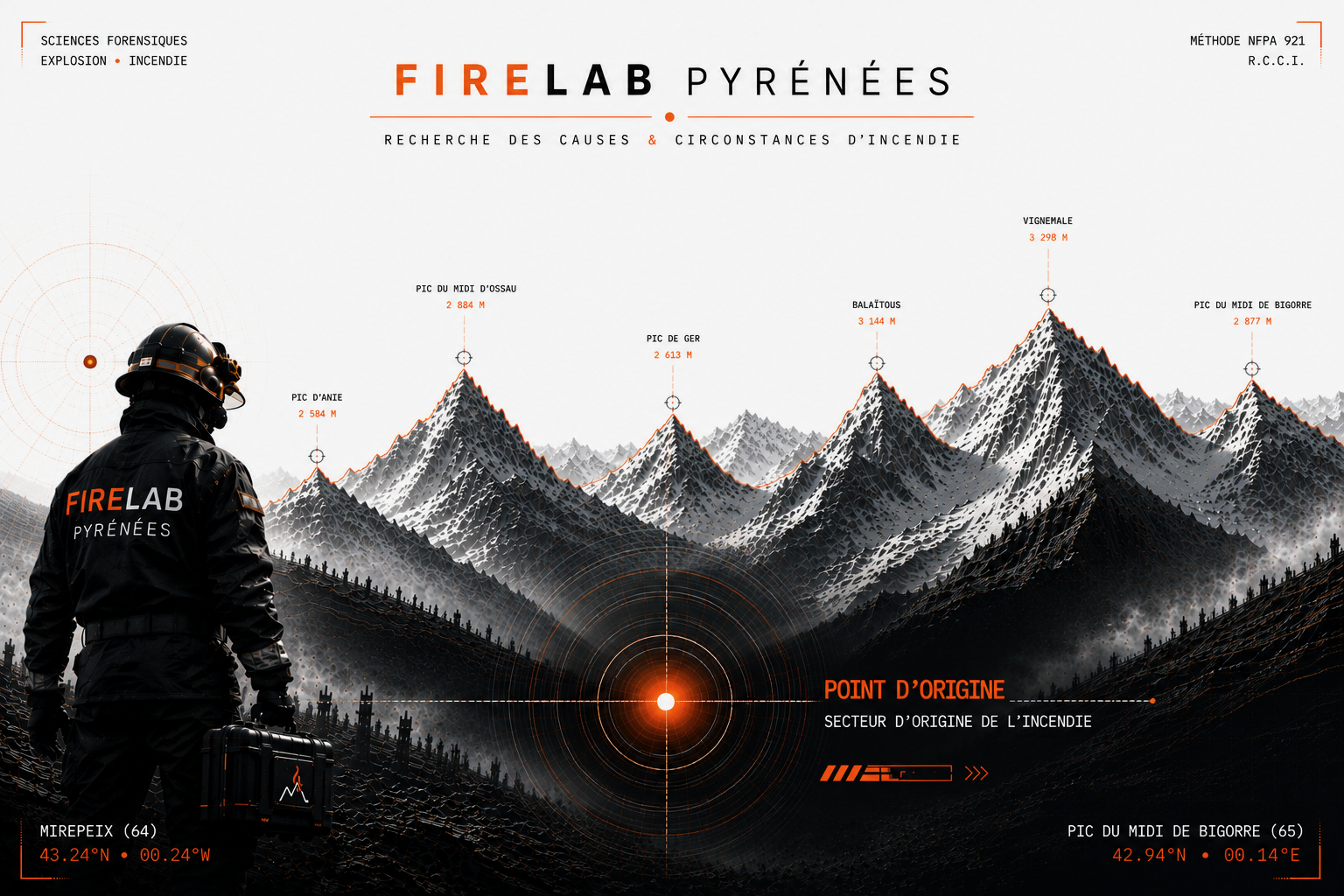 Enquêteur FIRELAB devant un relief pyrénéen et une scène post-incendie, avec repérage du point d’origine